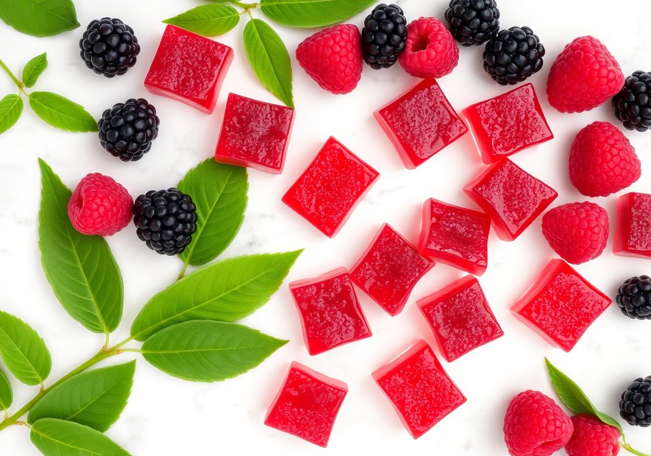 Raspberry keto gummies surrounded by fresh berries and green leaves