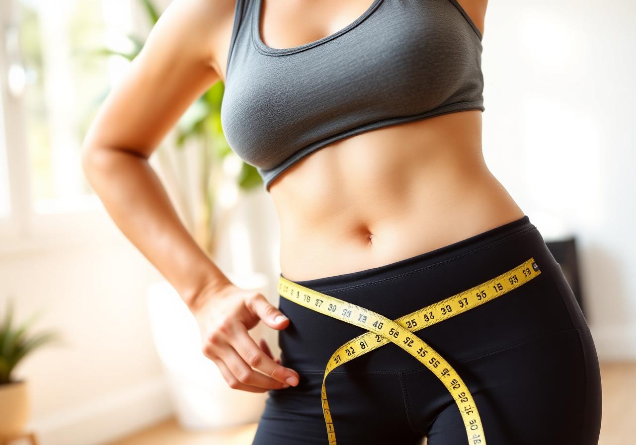 Woman measuring her waist after losing weight